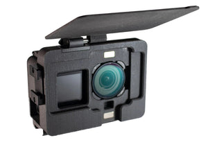 Black action camera with a screen on a white background
